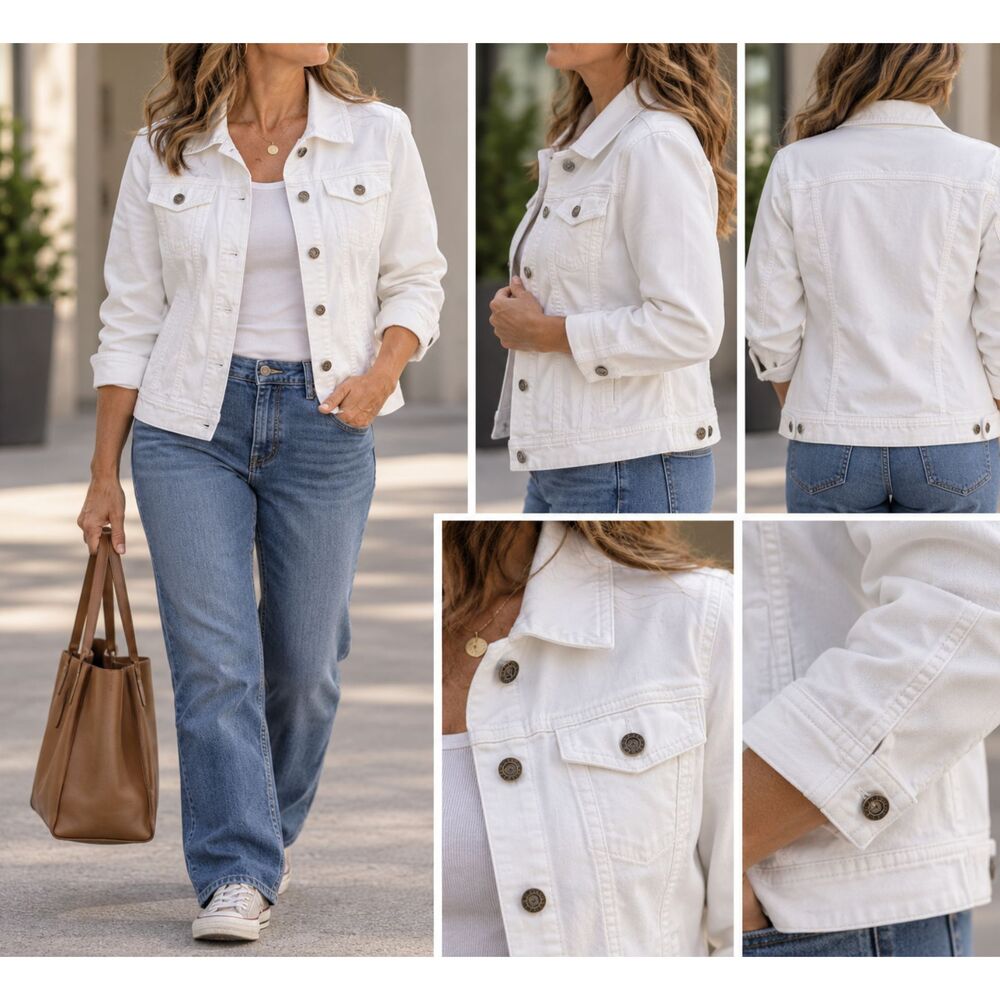 Riders by Lee Womens White Denim Jacket Size XL Button Up Trucker Stretch Jean